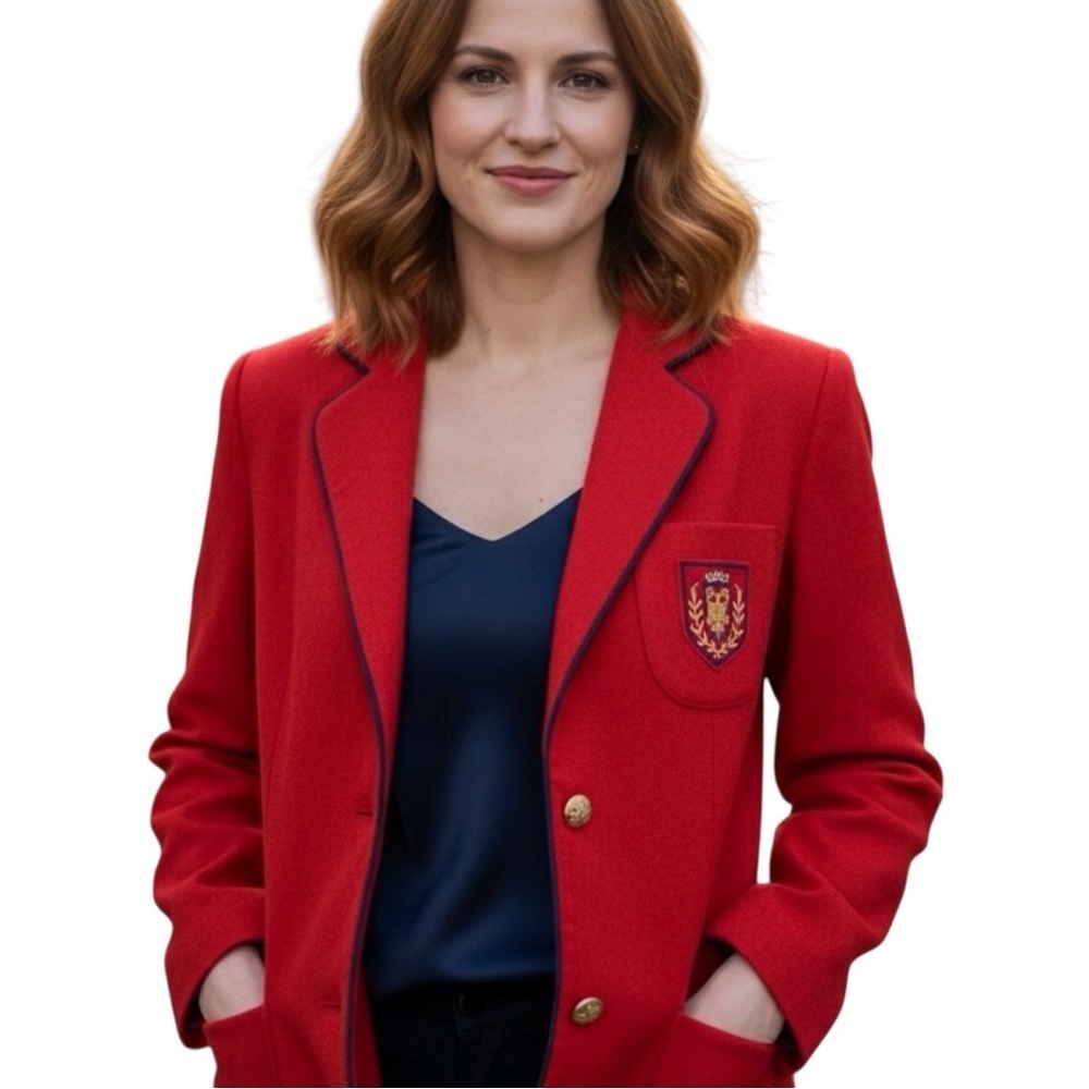 Vintage Bryn Mawr Red Wool Blazer Crest Patch Gold Buttons Preppy 70s